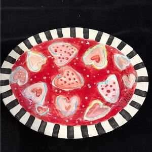 Handmade Large Ceramic Hearts on Scarlet Oval Platter 15”x12”